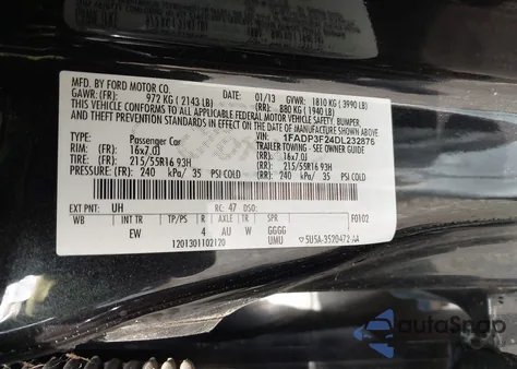 2013 Ford Focus Se из США, поврежденный, VIN 1FADP3F24DL232876